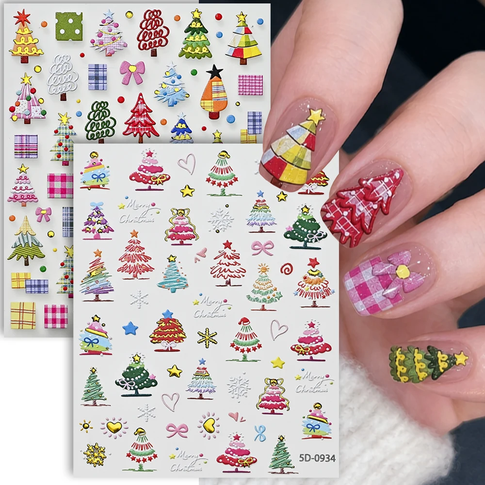 2pcs Hand-drawn Colorful Christmas Tree Nail Decals Childlike Plaid Christmas Tree Nail Stickers Relief Rainbow Pine Decorations