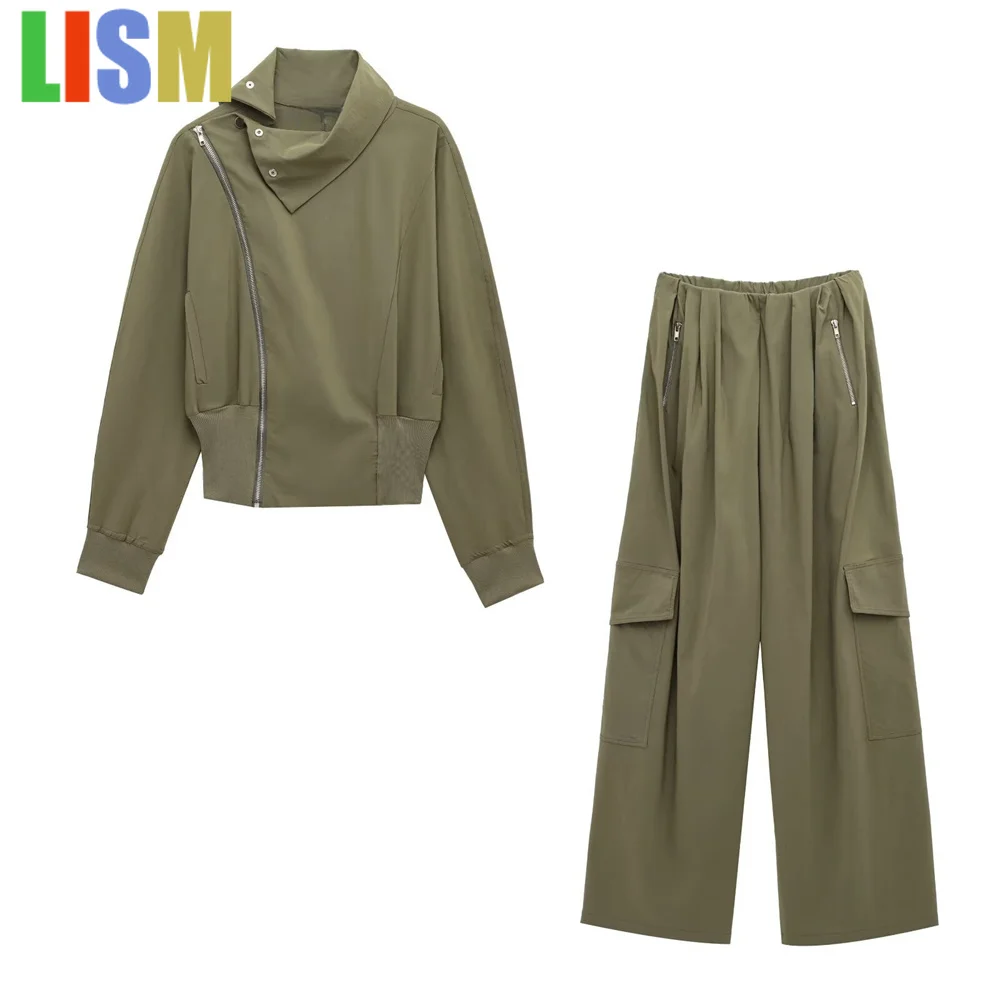 

LISM 2025 winter woman outfit tracksuit Fashion Green Set Cowl Neck Asymmetric Zip Jacket Wide Leg Cargo Pants for Trendy Style