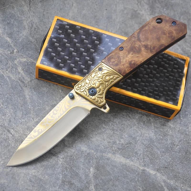 

8.2’’ Knives 9cr18mov blade Steel + Wood handle Flipper folding knife Outdoor camping hunting pocket knives EDC tool With Box