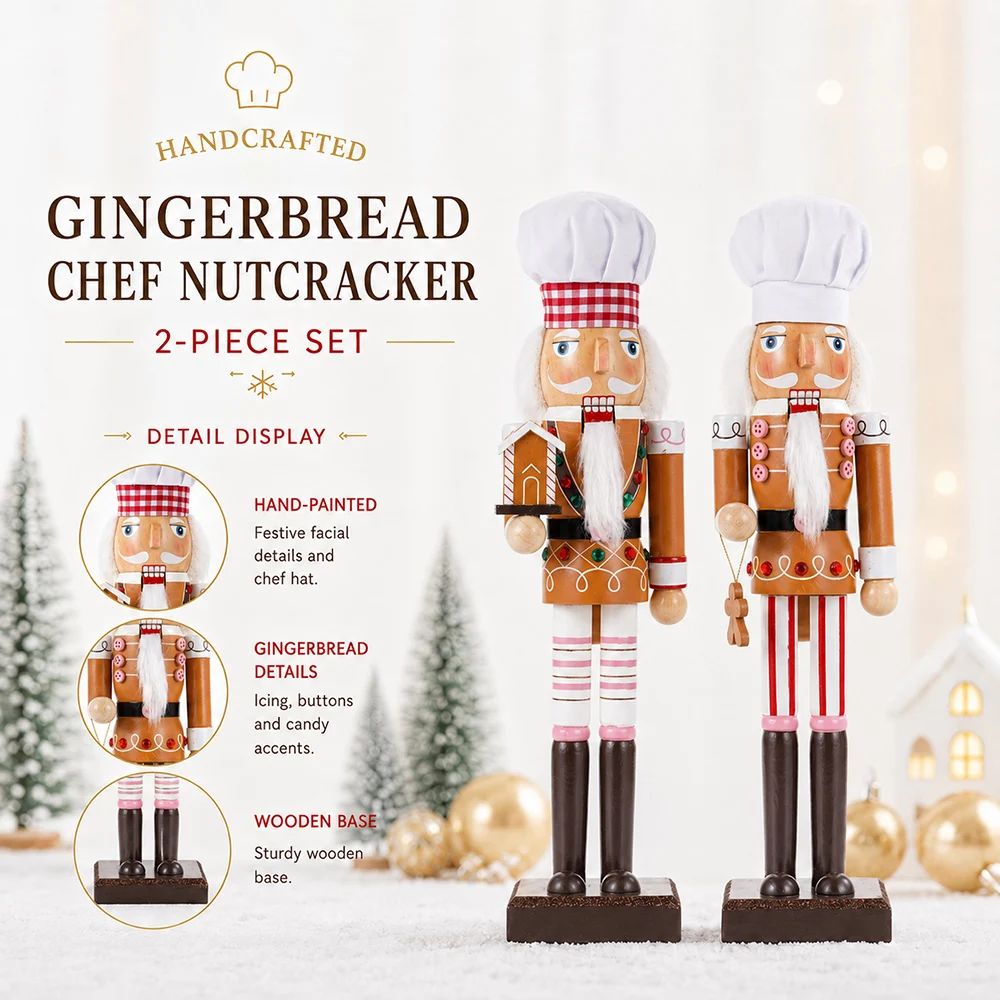 38CM Christmas Nutcracker Wooden Ornament Gingerbread Man Chef Soldier Figure Handcraft Toy Home Office Desktop Decoration Gift