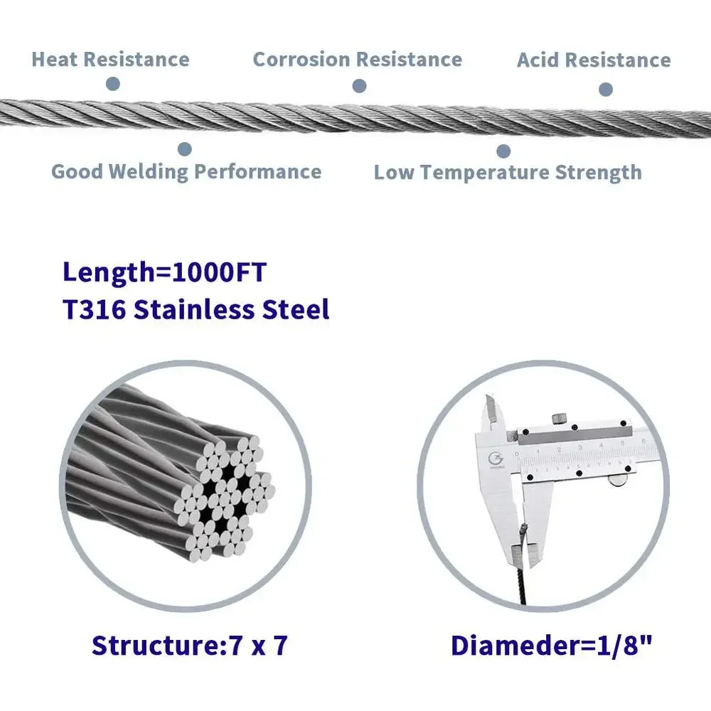 1000FT สแตนเลสสตีลเชือกลวดชุด 1/8 "7x7 Strands DIY ราวบันได T316 เครื่องบินดาดฟ้าราวชุดเครื่องตัด 1000ft