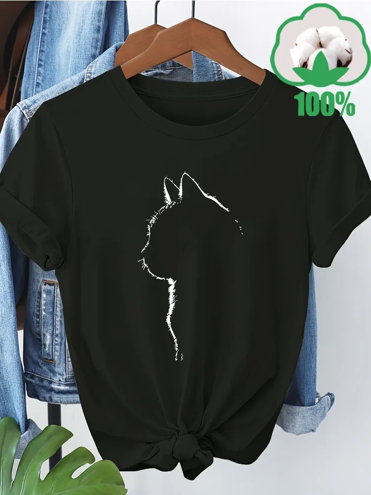 تي شيرت نسائي بنمط قطة مع تصميم بسيط بخط أسود، قميص كاجوال يومي ناعم وجيد التهوية بأكمام قصيرة وأسلوب بسيط