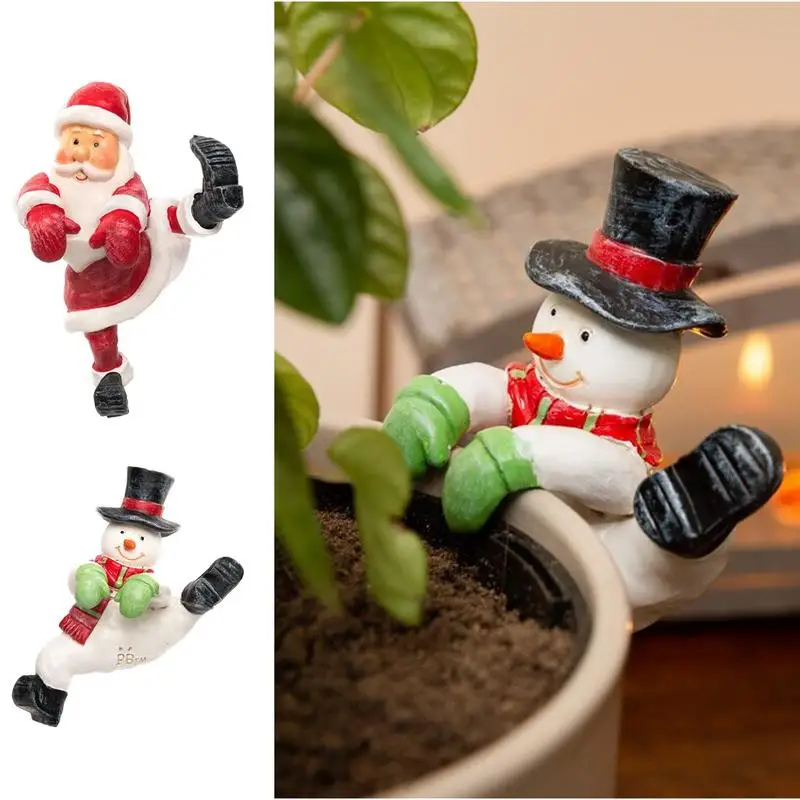 Flower Pot Hugger Figurines Resin Christmas Snowman Santa Claus Flowerpot Decoration Holiday Christmas Plant Pot Figurines Cute