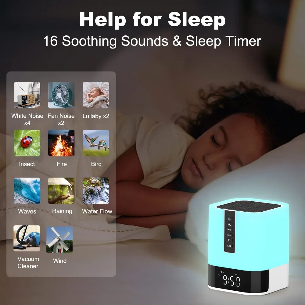 Jam Alarm Speaker Bluetooth lampu malam, lampu samping tempat tidur sentuh untuk kamar tidur, lampu hangat bisa diredupkan, berubah warna 48 RGB