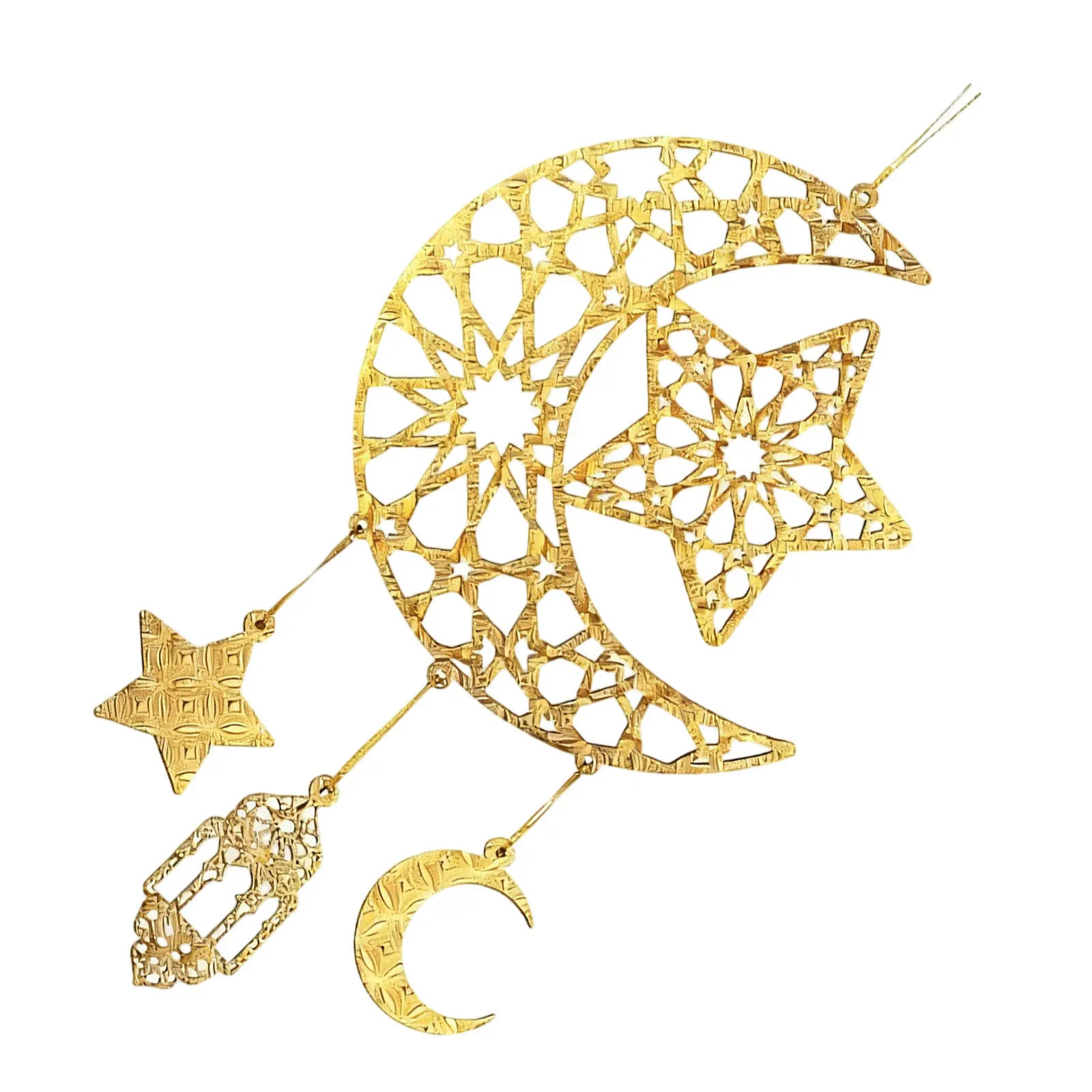 Ramadan Mubarak Hanging Decor Set Hollow Star Moon Wooden Ornament Golden Embossed Islamic Wall Door Living Room Kitchen Eid