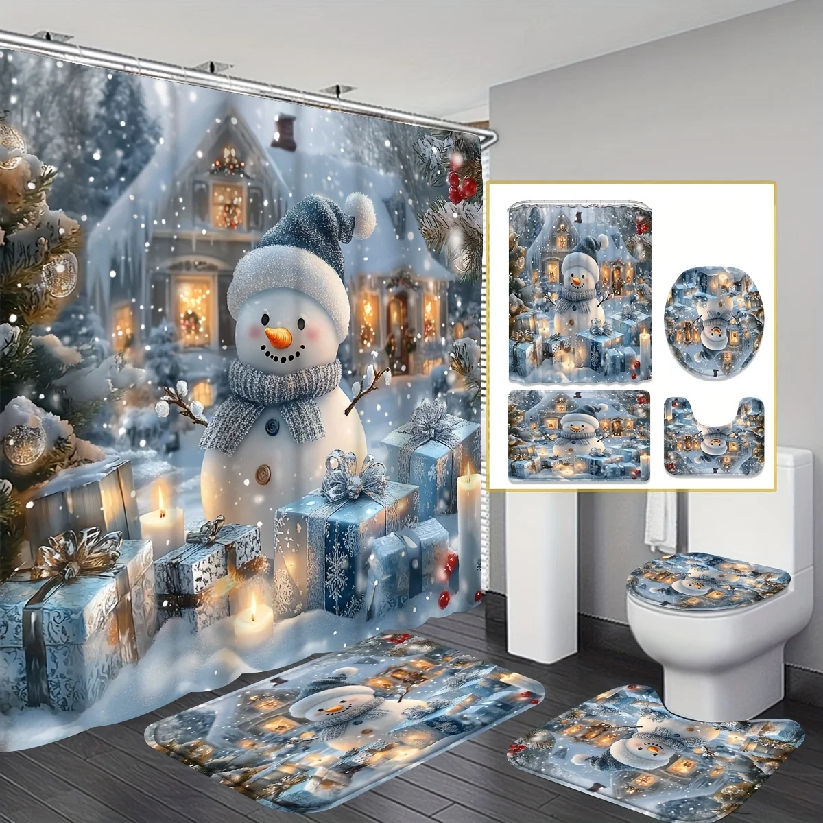 4Pcs Xmas Winter Snowman Gift Bath Set, Blue White Curtain & Mat, 12 Hooks, Non-Slip Mat, U-Shaped Toilet Cover, Holiday Decor