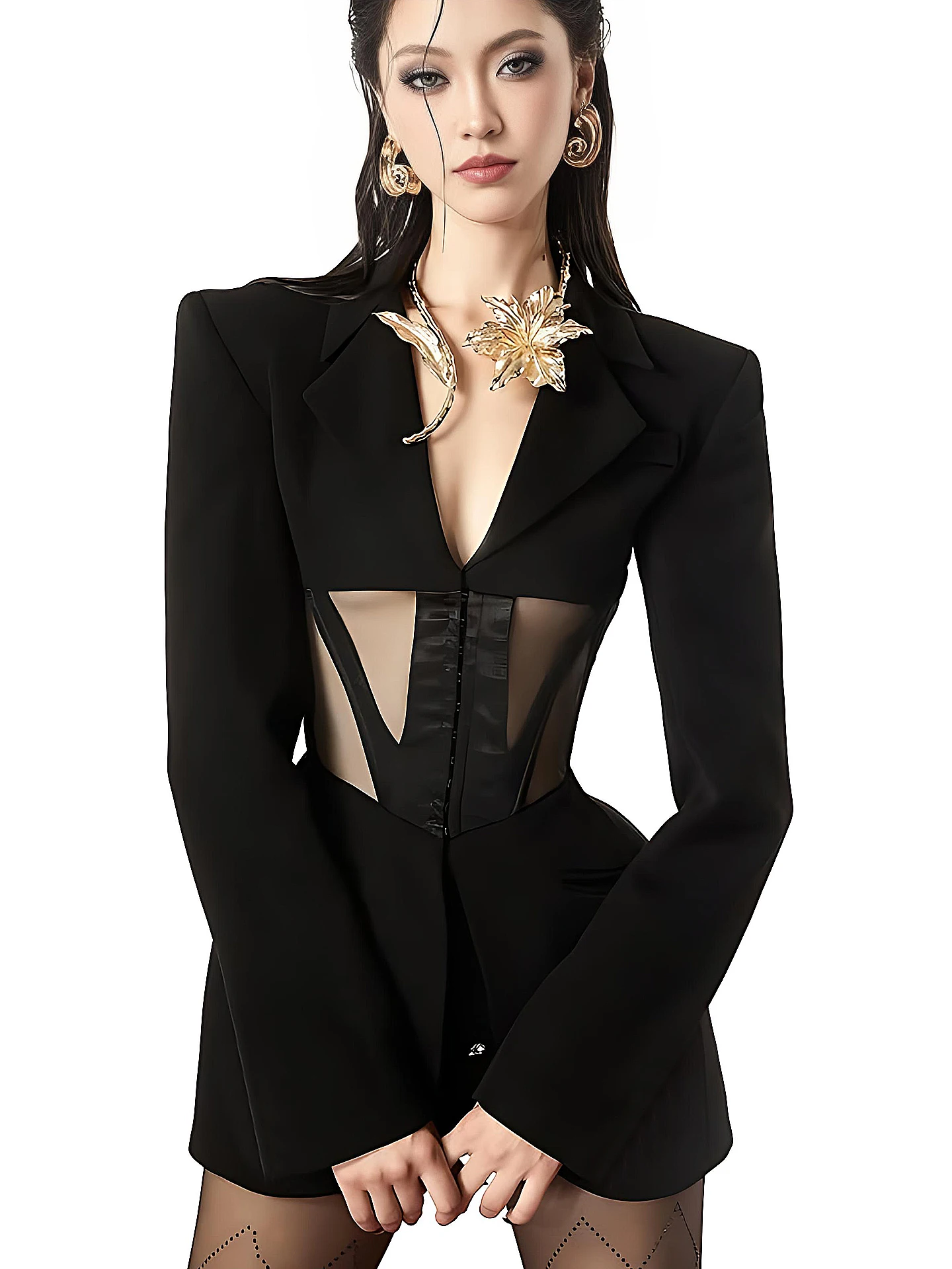 VGH Sexy Spicy Girl Black Long Sleeve Shoulder Pad Suit Jacket Fishbone Mesh Splice Waist Cinch Dark Button Western Top