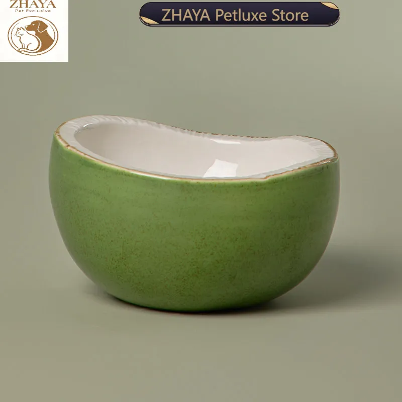 ZHAYA for Cat Bowl Ceramic Half Coconut Large Diameter Anti Black Chin Pet Feeder Underglaze Color Cervical Protection Dog