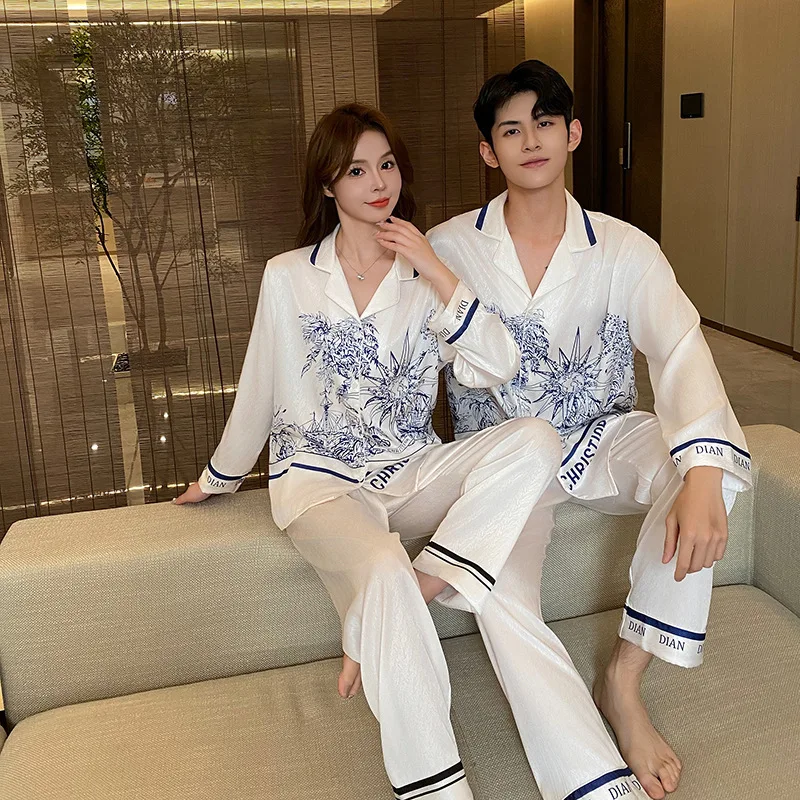 Cold silk pajamas couple suit men's spring and autumn long sleeve long pants thin women's internet celebrity explosion home wear