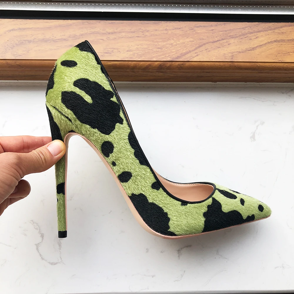 Tikicup Hairy Grafitti Pattern Women Green Pointy Toe High Heel Shoes Unique Design Sexy Slip On Stiletto Pumps Plus Size 33-46