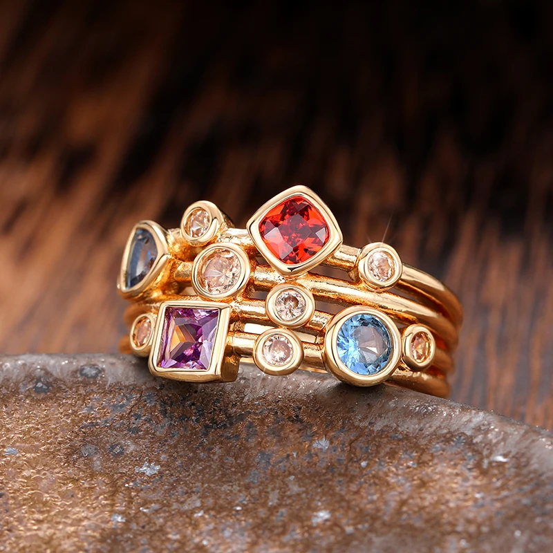 Huitan Geometric Colored Cubic Zircon Rings for Women Unique Wedding Band Accessories Statement Female Accessories Gift Jewelry