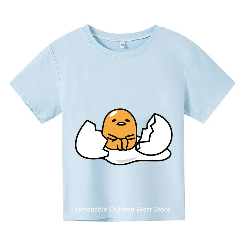 Camiseta com estampa de ovo preguiçoso anime infantil, manga curta, bebê casual, meninos e meninas, estudantes, verão, 2024