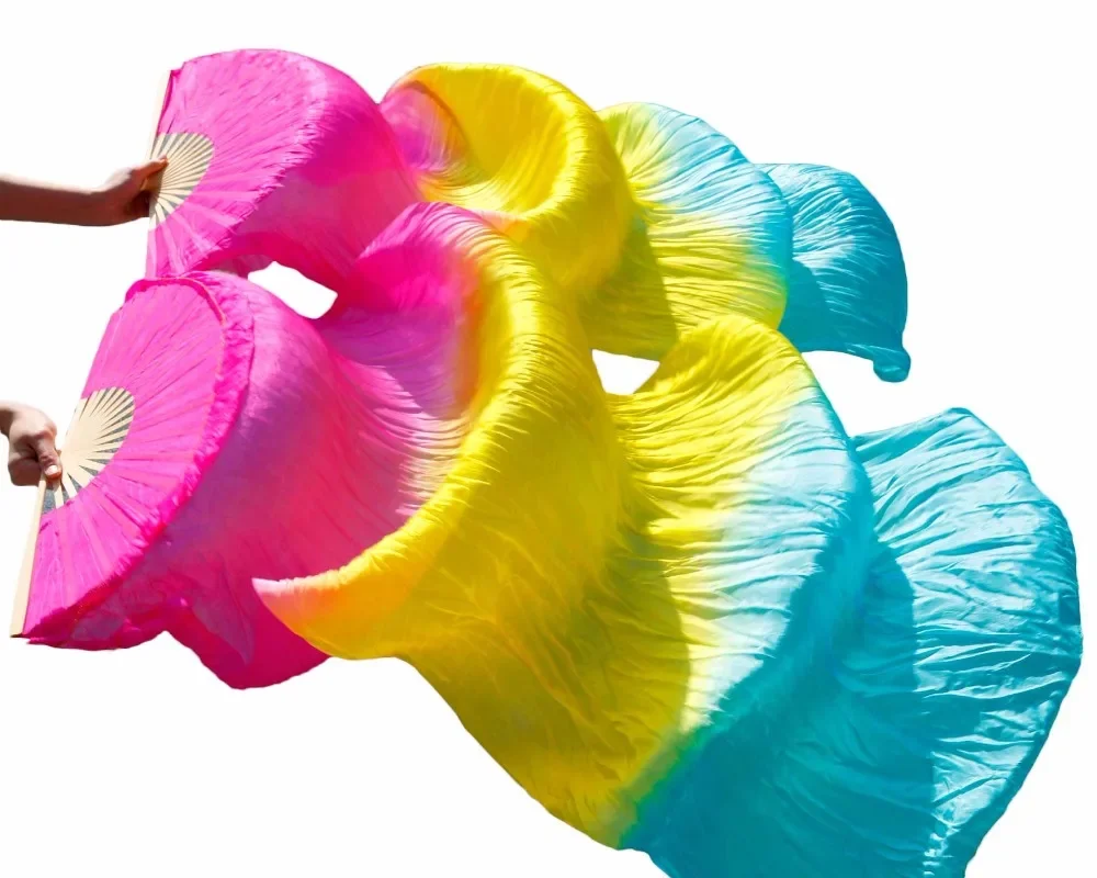 

180x90 см 100% шелк ручной работы окрашенный шелк Танцевальные веера Танец живота Бамбуковые ребрышки Длинные шелковые веера Розовый + желтый + бирюзовый Можно настроить