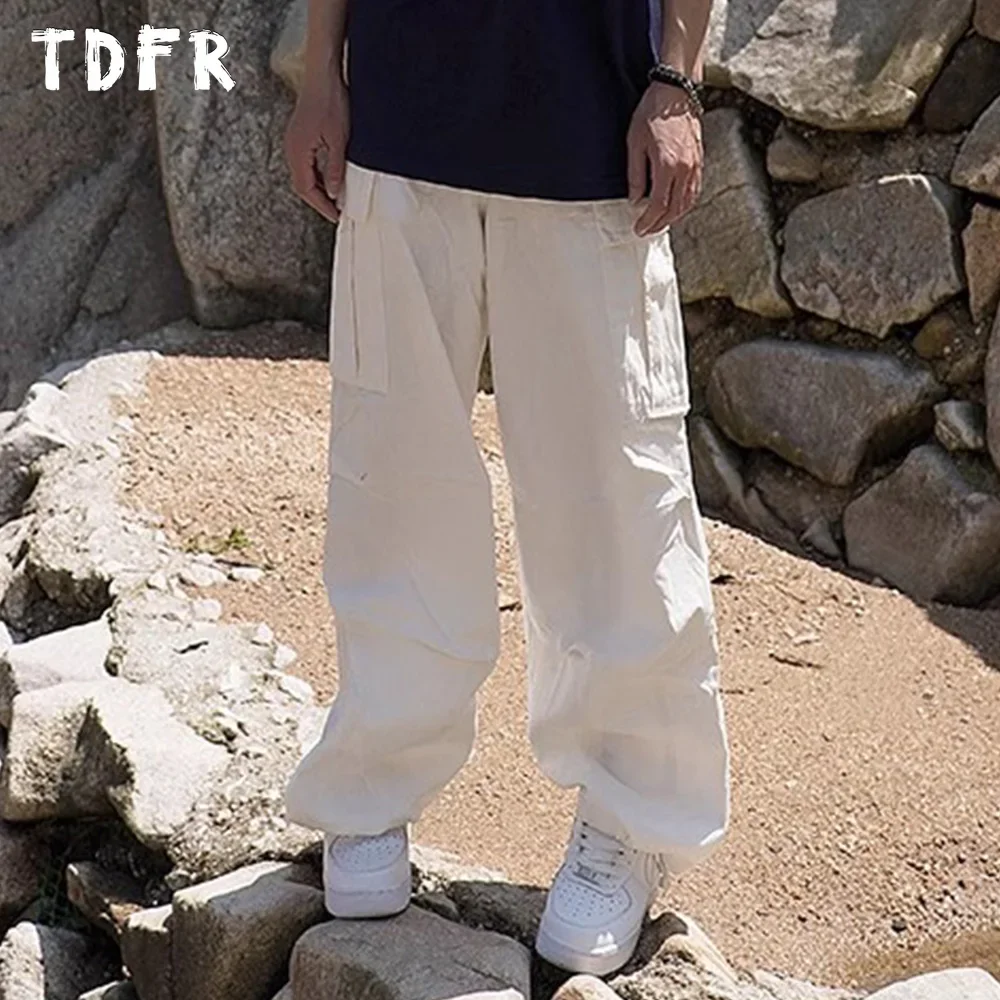 Pocket Cargo Pants Mens Solid Color Casual Safari Style Drawstring Wide Leg Dungarees Men Trousers