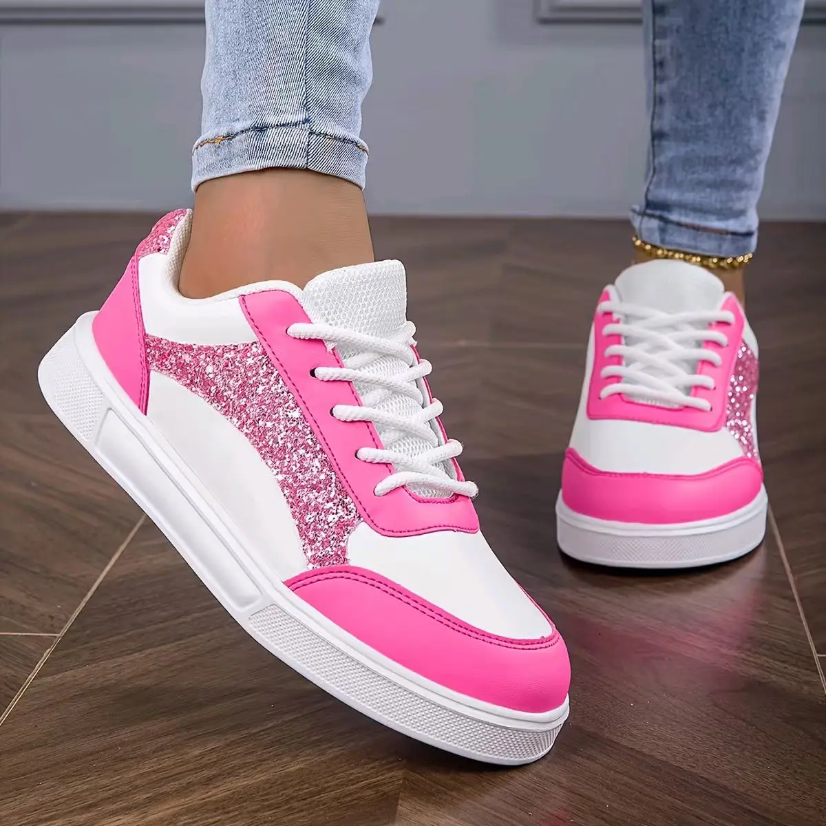 Women Glitter Skate Shoes Pink White Color Matching Sneakers Fashion Lace-up Casual Flat Walking Shoes Ladies Daily Streetwear F view 2