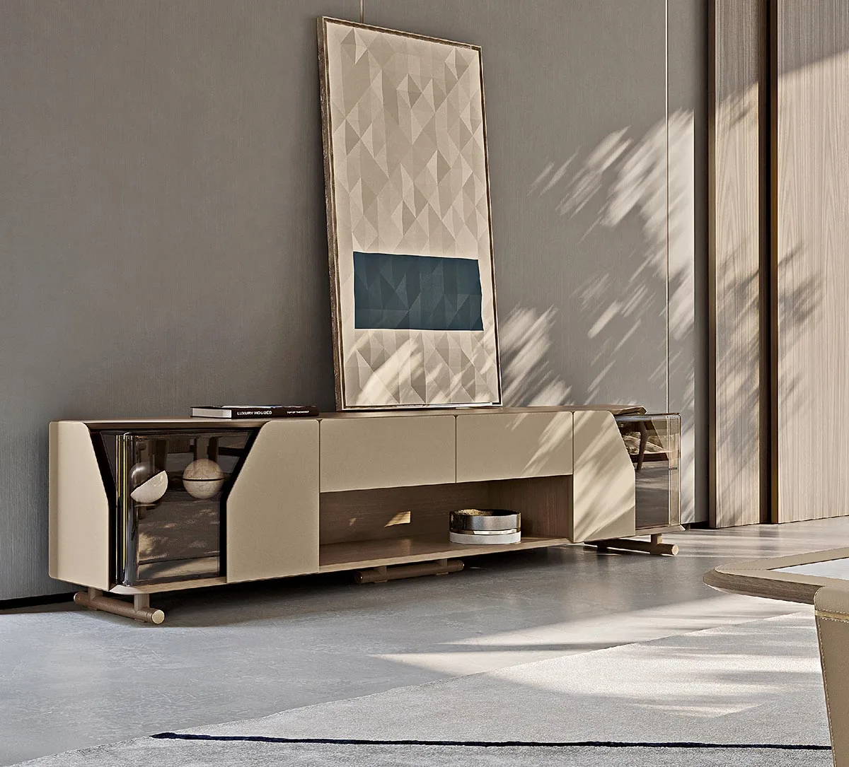 ⅹ-  Italian Minimalist First Layer Cowhide TV Cabinet Beige Walnut Glass Audio-visual Cabinet Living Room Low Cabinet&