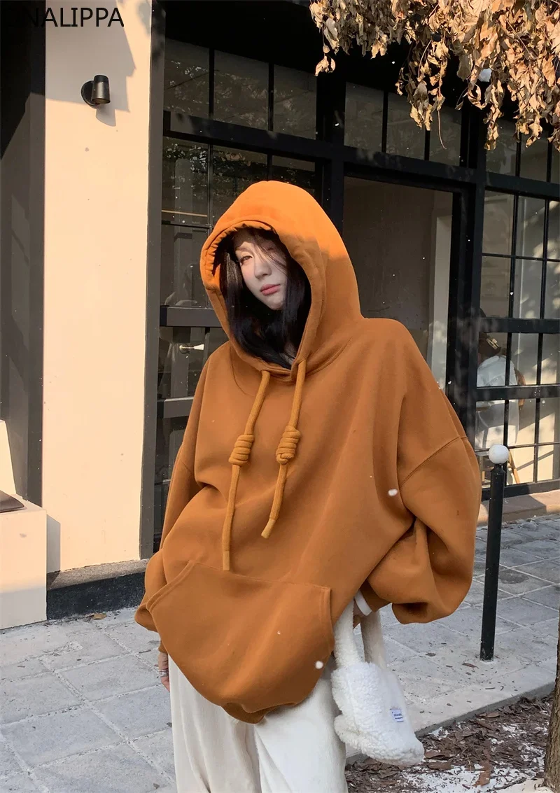 Onalippa Chic Design Mid-length Oversized Sweatshirt Hooded Double Pockets Hoodies Korean Sweet Solid Color High Street Hoodies