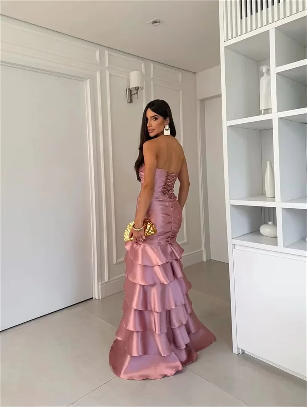 Single Shoulder Satin Evening Dress Asymmetric Chest Ruffle Waist Layered Ruffle Mermaid Guests Dance Dress Customization