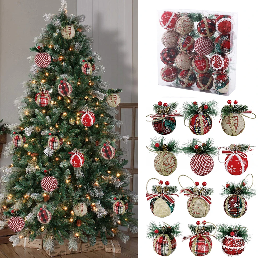 8/16pcs 6cm Christmas Ball Artificial Pinecone Red Green Plaid Wrapped Cloth Foam Ball for Xmas Tree Decoration Hanging Pendnats