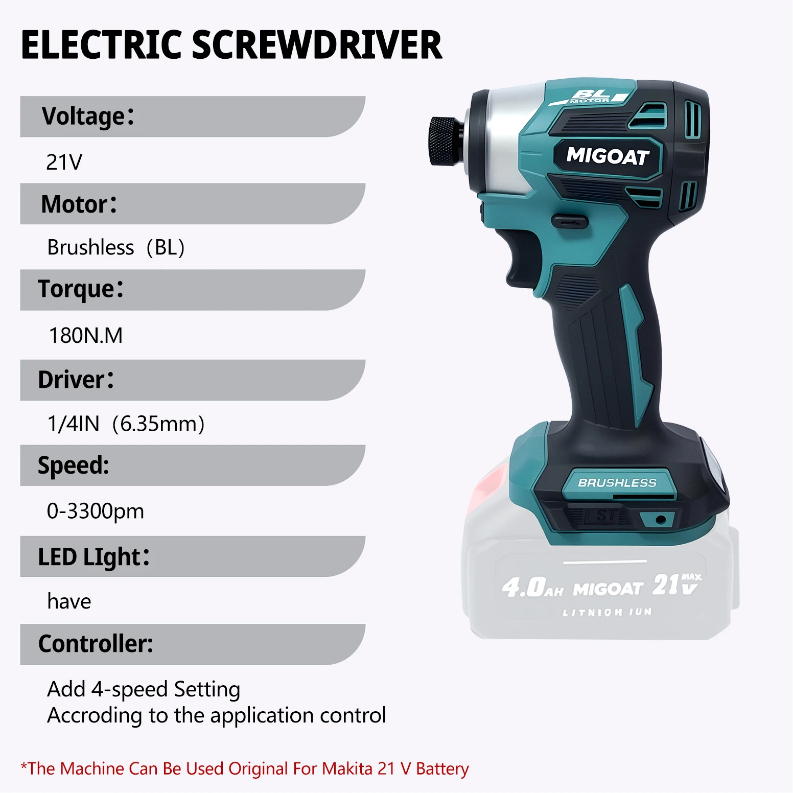 4-Speed Brushless Impact Screwdriver, 1/4" Hex Quick-Chuck Drill Driver with LED Worklight, For Makita 18V-21V Battery