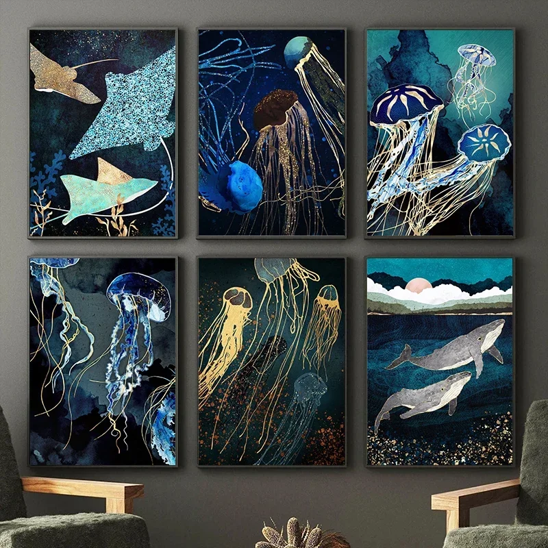 قماش اللوحة المحيط الحيوان الحياة البحرية جدار صورة مجردة معدنية الأخطبوط الحوت قنديل البحر الملصقات غرفة المعيشة ديكور المنزل