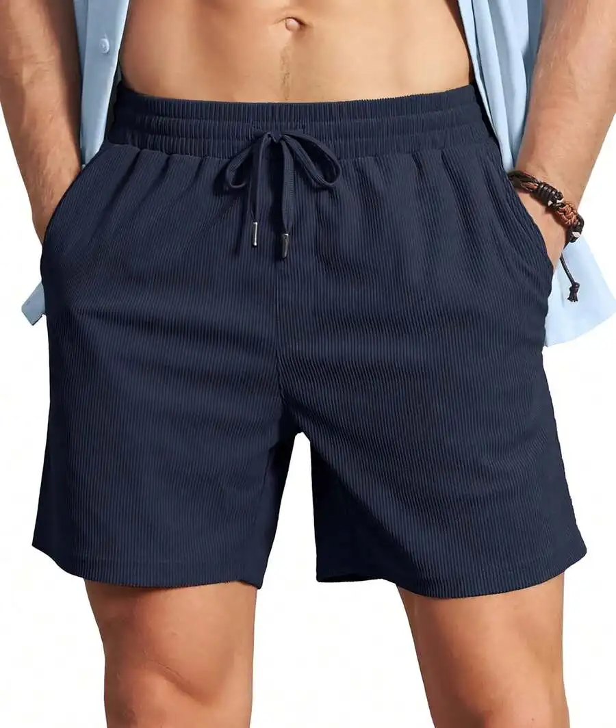 Mens Corduroy Shorts Casual Elastic Waist Drawstring Lightweight Summer Beach Shorts With Pockets