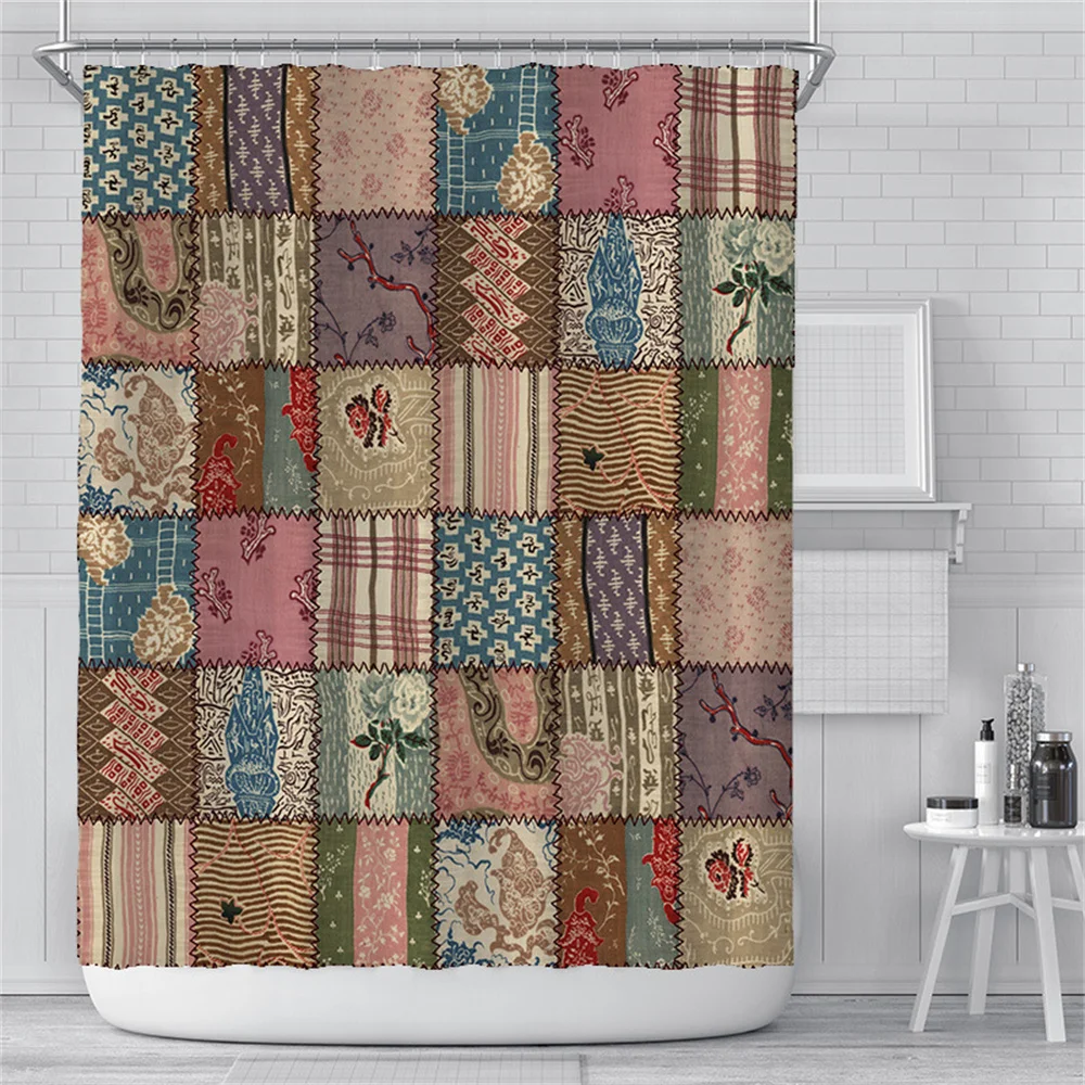 

Patchwork Bathroom Curtain Mesh Floral Pattern Shower Curtain Bathroom Polyester Waterproof Fabric Trim with Hooks Bath Curtain