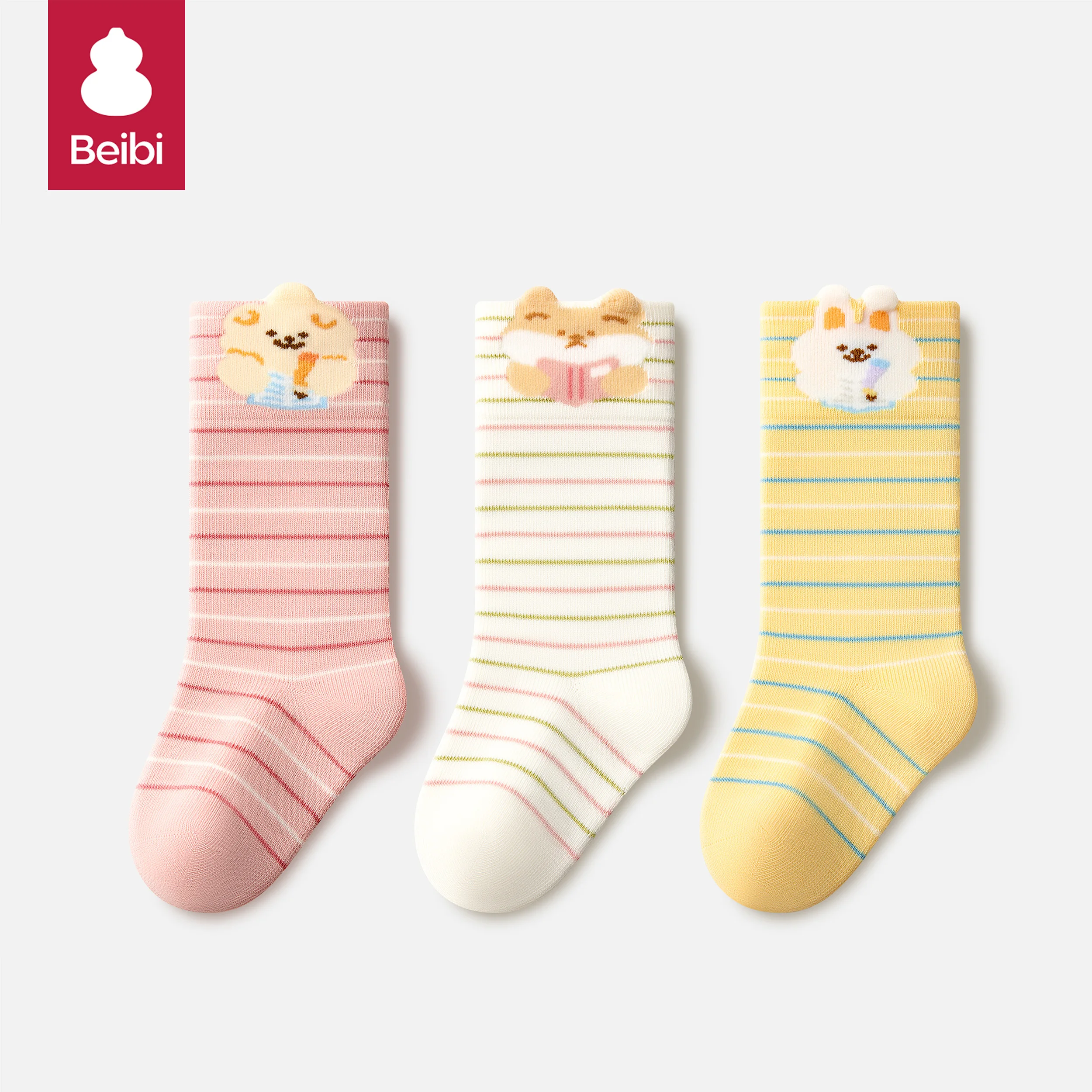 Beibi 3-Pack Girls Mid-Calf Socks Cute Cartoon Animal Striped Print Fun Colors Warm Autumn Winter Kids 0-6 Years Old