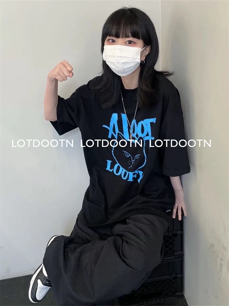 LOTDOOTN Cat Printed Tops 100% Cotton O-Necked Unisex Oversized T-Shirts Harajuku Casual Short-Sleeved Tees Summer Casual Tops