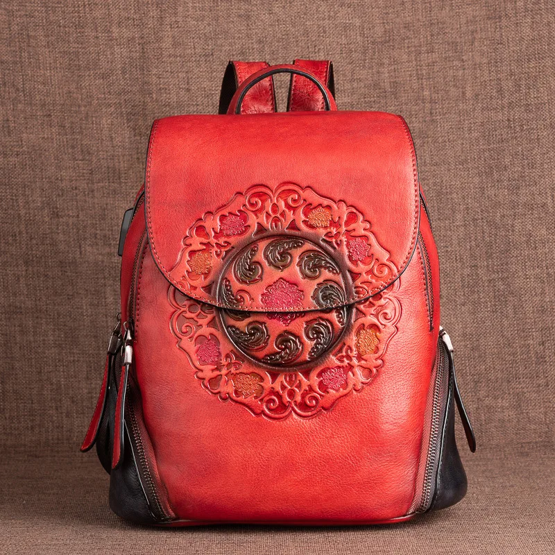 Borsa da donna zaino in pelle di mucca retrò primo strato Johnature 2024 nuova borsa da donna in vera pelle di grande capacità con goffratura fatta