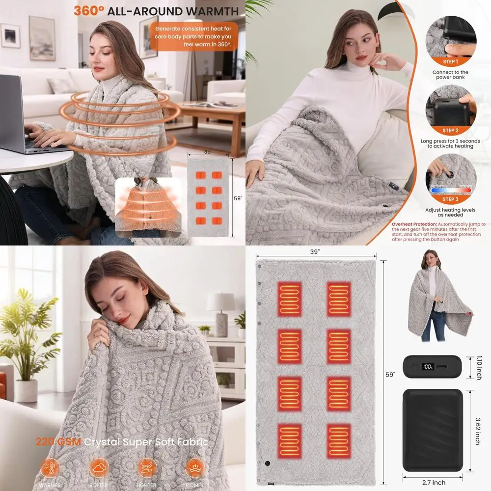 

Faux Fur Cordless Heated Blanket with Power Bank - 3 Heat Settings, Fast Heating, Machine Washable, 59x35.5 Gray-Green