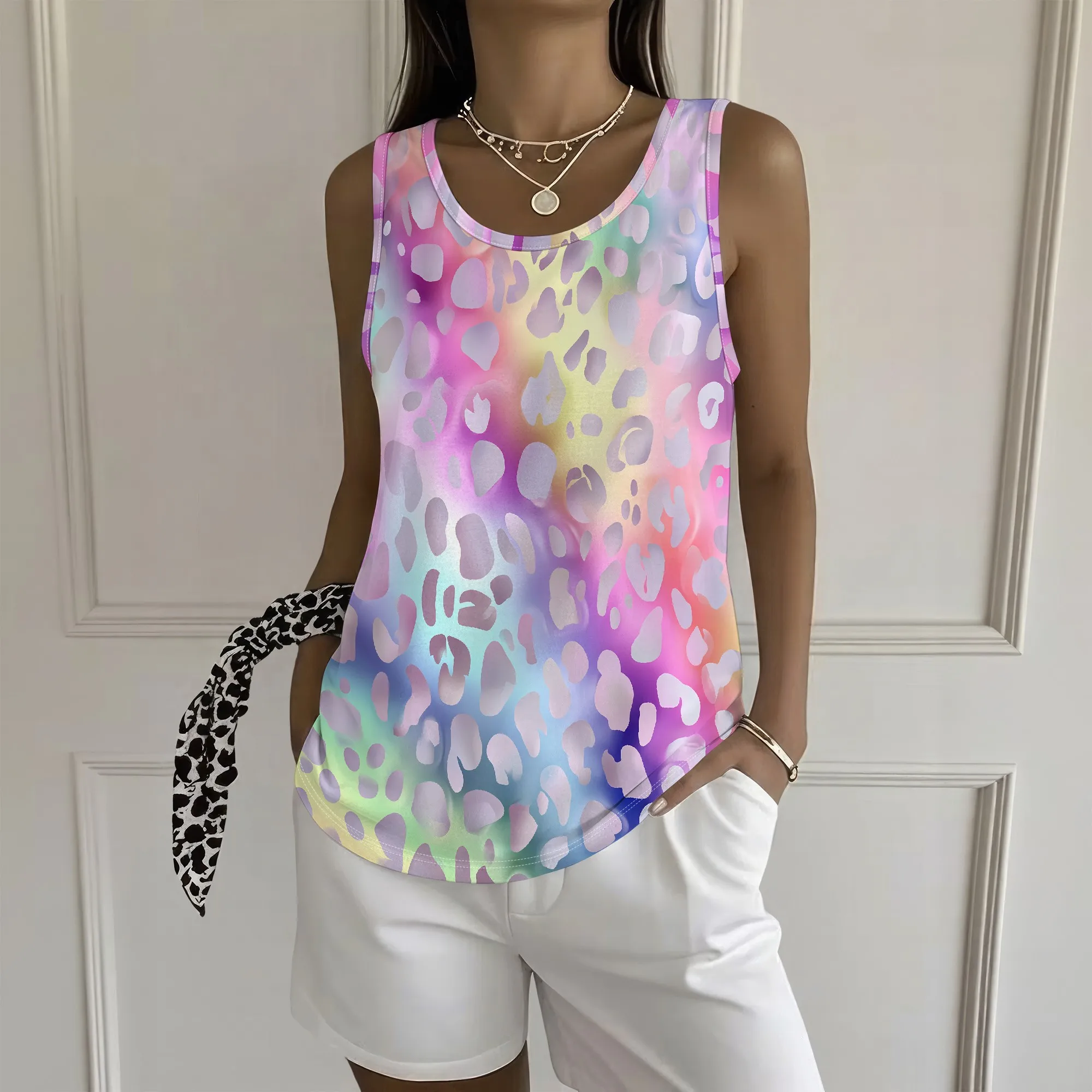 Pastel Leopard Print Tank Top, Colorful Animal Pattern Sleeveless Shirt, Summer Beach Casual Wear, S-2XL