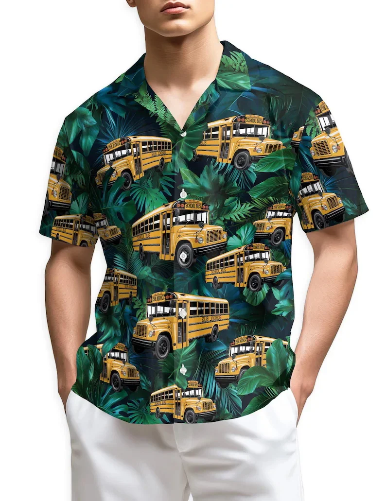 

Men's School Bus & Tropical Floral Print Hawaiian Shirt Casual Button Down Short Sleeve Beach Shirts For Summer Holiday