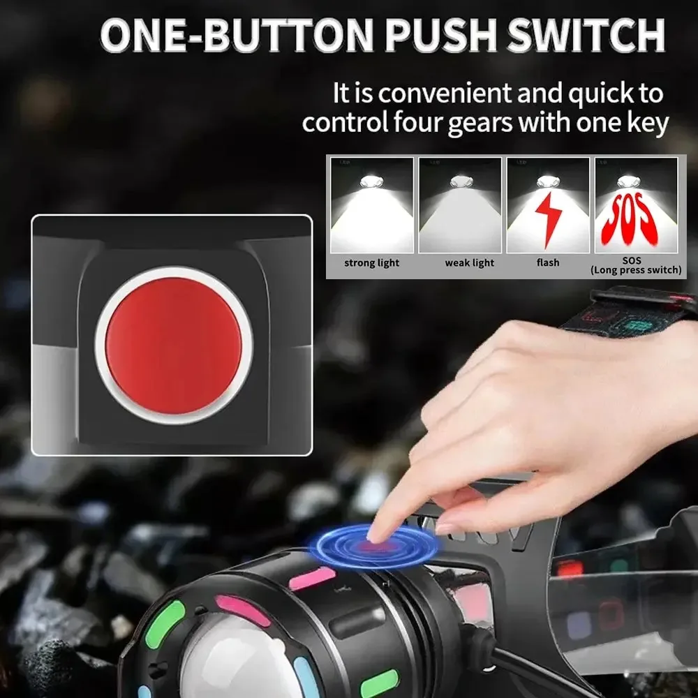 Poderoso farol LED 30W com lanterna fluorescente Zoom IP64 à prova d'água lâmpada de cabeça de tiro longo para camping, caça