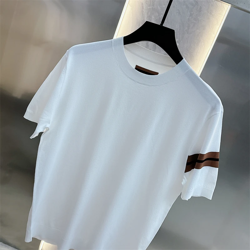 2024 Summer Stripe Handsome Round Neck T-shirts Men Ice Silk Short Sleeve T-shirt Men\'s Knitted Casual Business T-shirt M-4XL