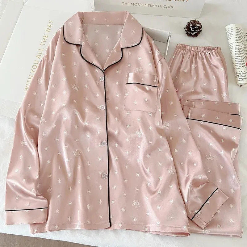 

Женские весенне-осенние длинные брюки с длинными рукавами, домашняя одежда, настоящая фотография, милая ночная рубашка в японском стиле с принтом звезд для девочек, ледяной шелк