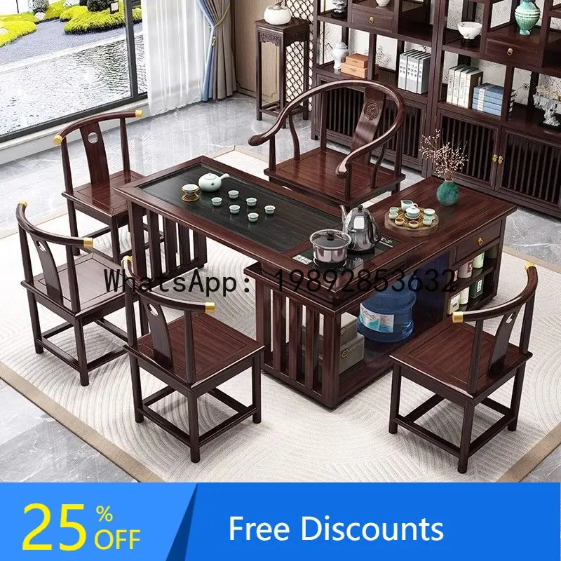 CZ Rotating Solid Wood Tea Table Balcony Small Apartment Mobile 1.12m Table and Chair Set Rubber Wood
