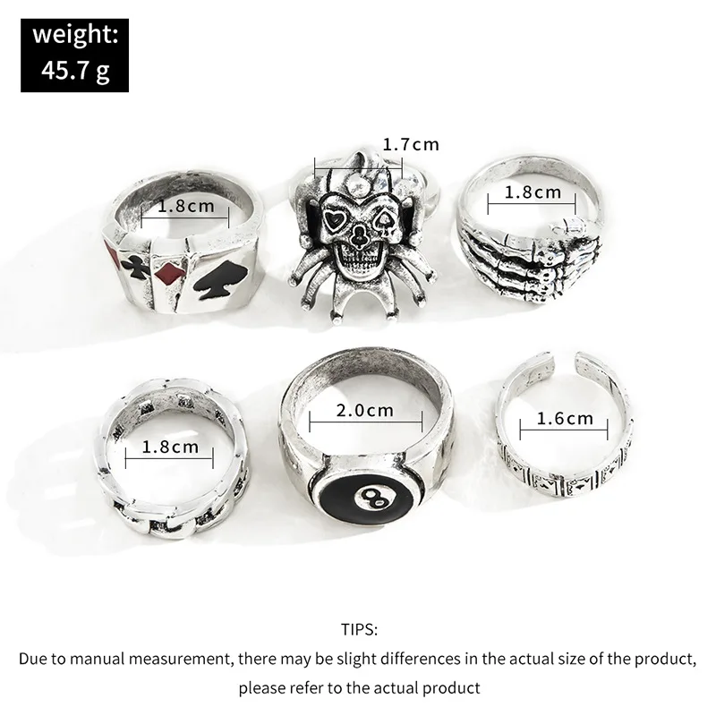 6Pcs Punk Poker Joker Silver Color Rings for Men Goth Skeleton Billiards Set Couple Emo Fashion Jewelry Gift