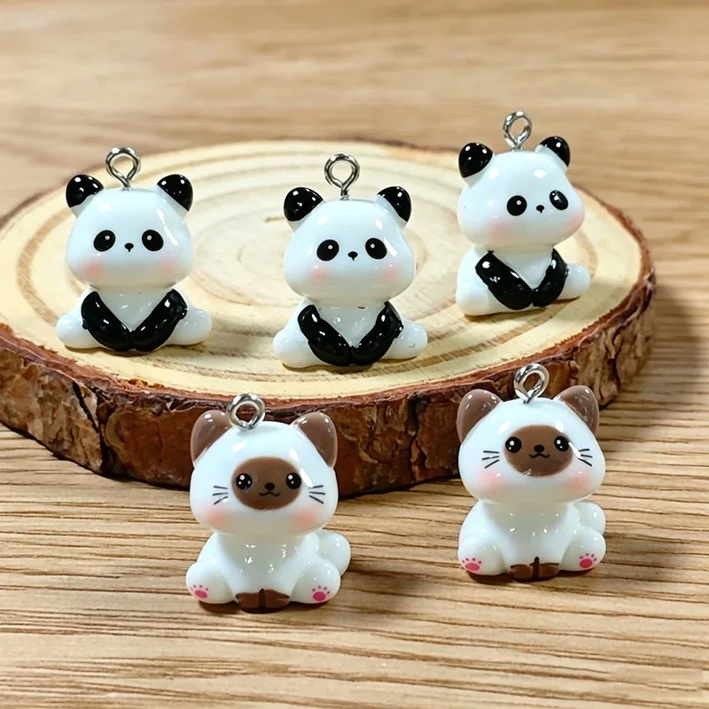 8pcs Cute Black White Panda Siamese Cat Resin Charms 3D Lucky Animal Pendant DIY Jewelry Making Keychain Earring Accessories