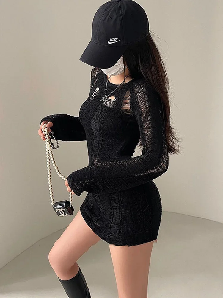 Donne Dark Goth Split Hole Knit maglioni Black Gothic Lady Hollow Out Cool Pullover maglione autunno Sexy See Through Pull Jumpers