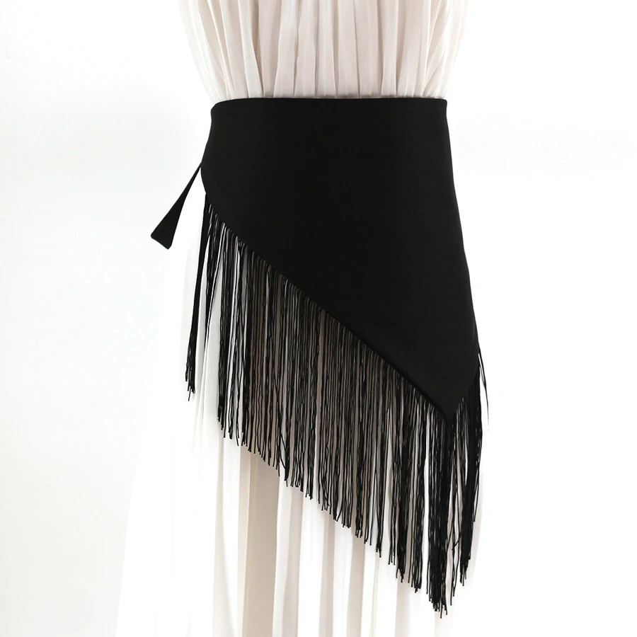 Black Solid Fabric Tassel Belt For Women Irregular Long Wide Belt Personality Corset Belts