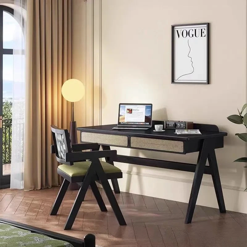 Medieval Solid Wood Rattan Desk and Chair Set French Retro Computer Table for Bedroom Home Office Multifunctional Study