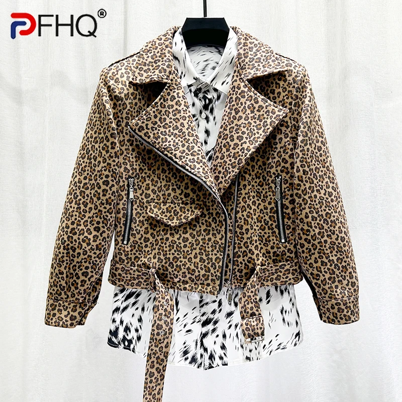 PFHQ Autumn Winter New Leopard Print Men\'s Short Jacket Fashion Motorcycle Wear Imitation Suede Coat 2024 Tops 21Z6269