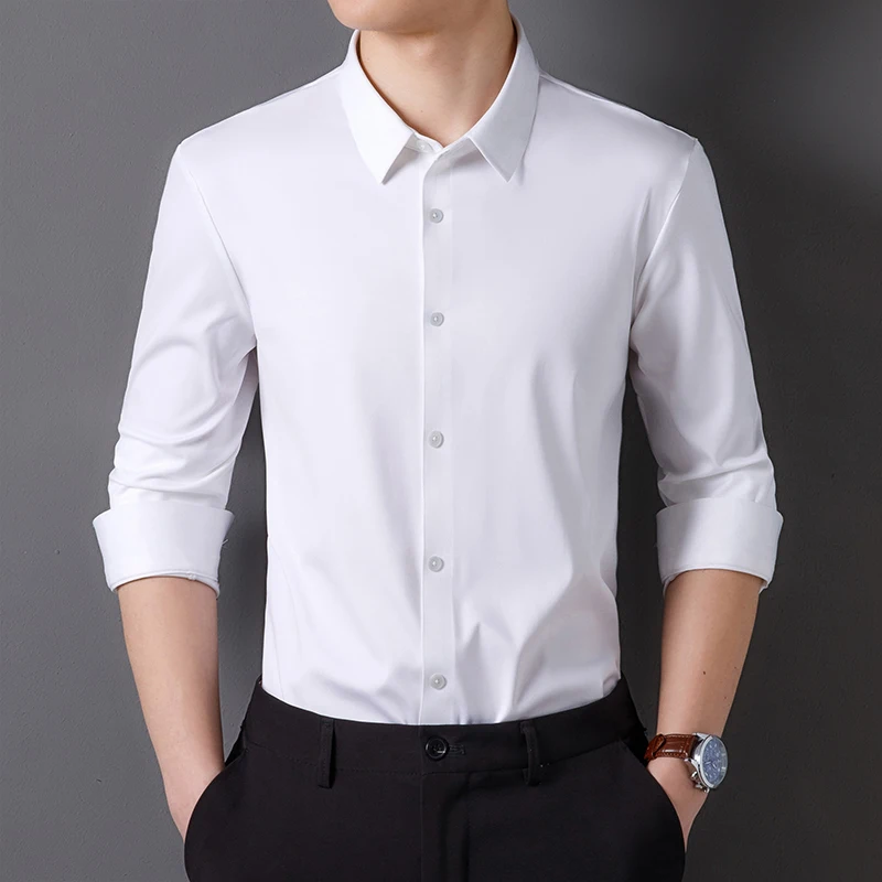 

Men Shirts Long Sleeve Silky Non-iron Micro Elasticity Work Casual Shirt Men Long Sleeve Slim Fit White Male Social Formal Shirt