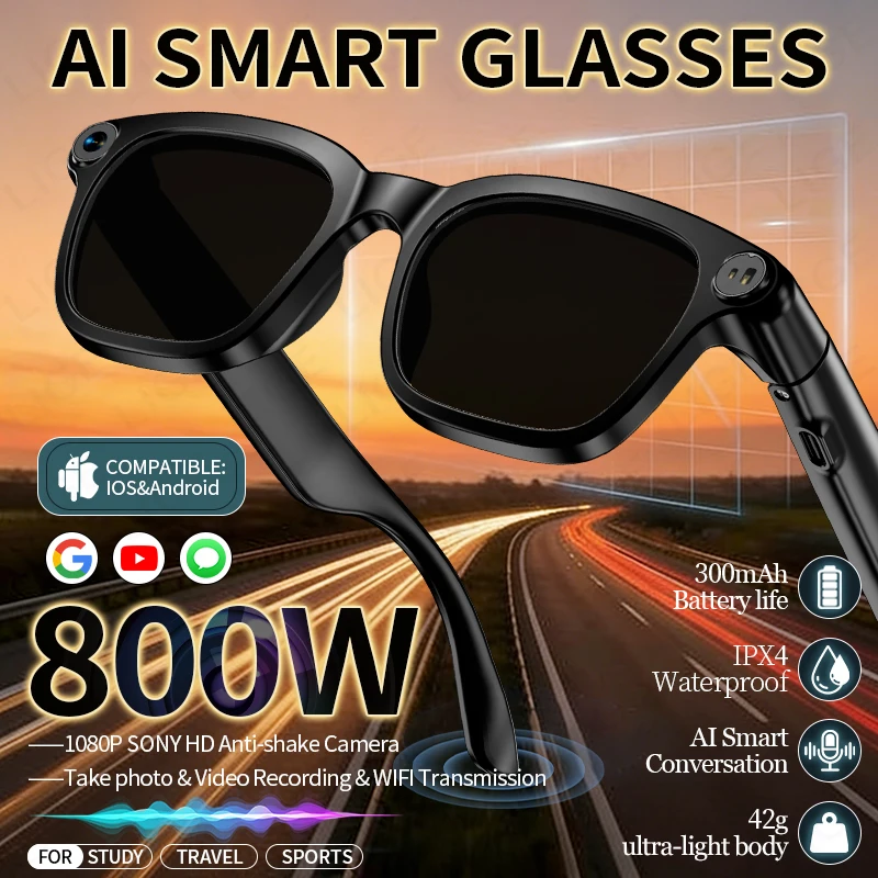 

Умные очки Al Smart Glasses с голосовым помощником, функцией перевода в реальном времени, записью видео, 2 ГБ памяти, камерой 800W, умные солнцезащитные очки для мужчин