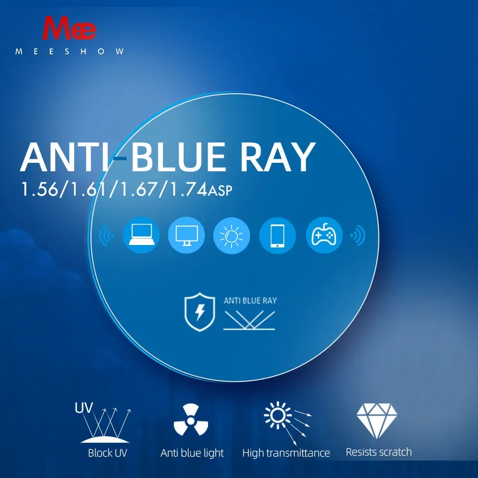 Meeshow Anti Blue Light Blocking Lens B2 Series 1.56 1.61 1.67 Optical Prescription Glasses Lens Myopia Hyperopia Thin Lenses