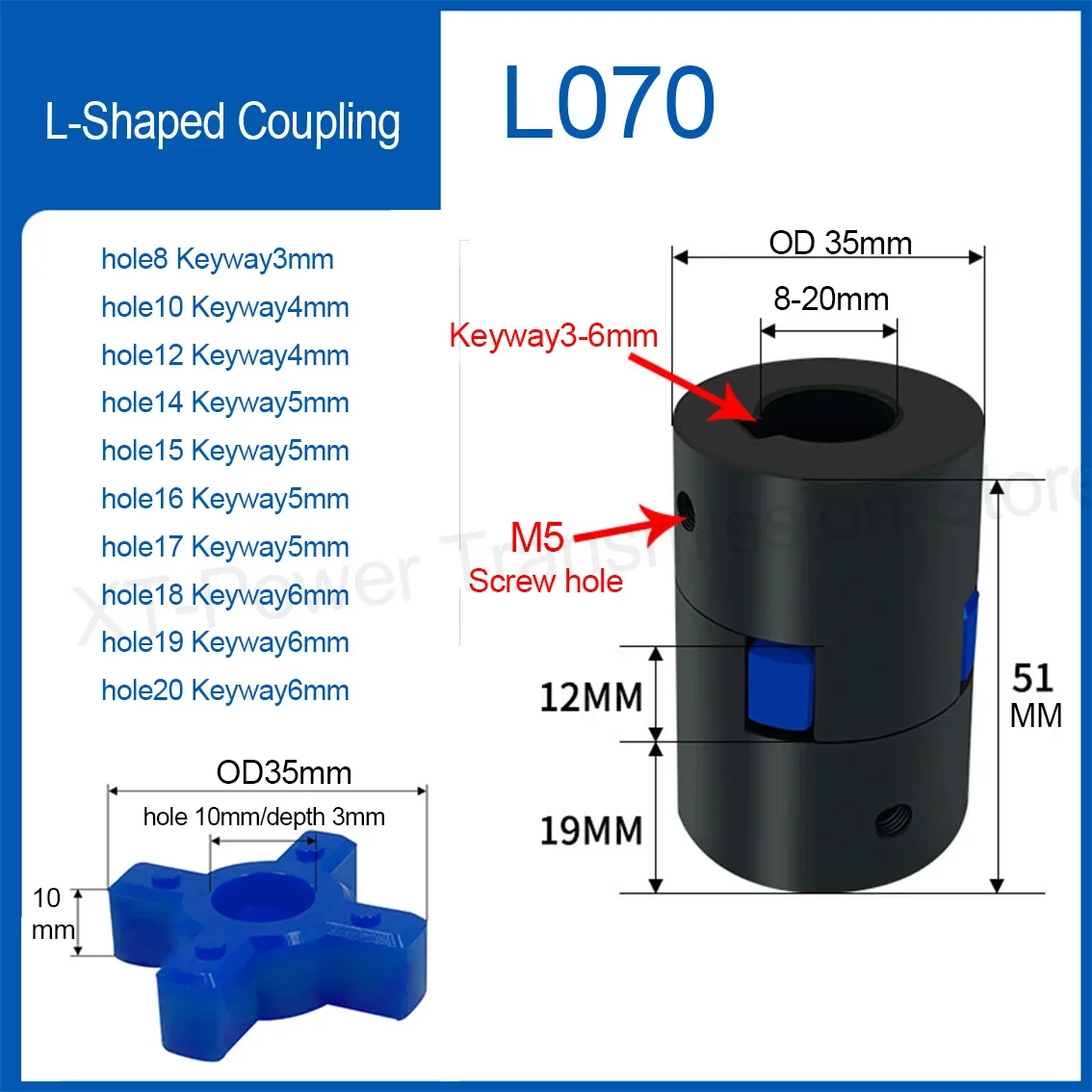 1Set OD 35mm L070 L-shaped Star Shaped Plum Coupling Inner Hole 10-20mm Keyway 3-6mm 45 # Steel Coupling+NBR Nitrile Rubber Pad
