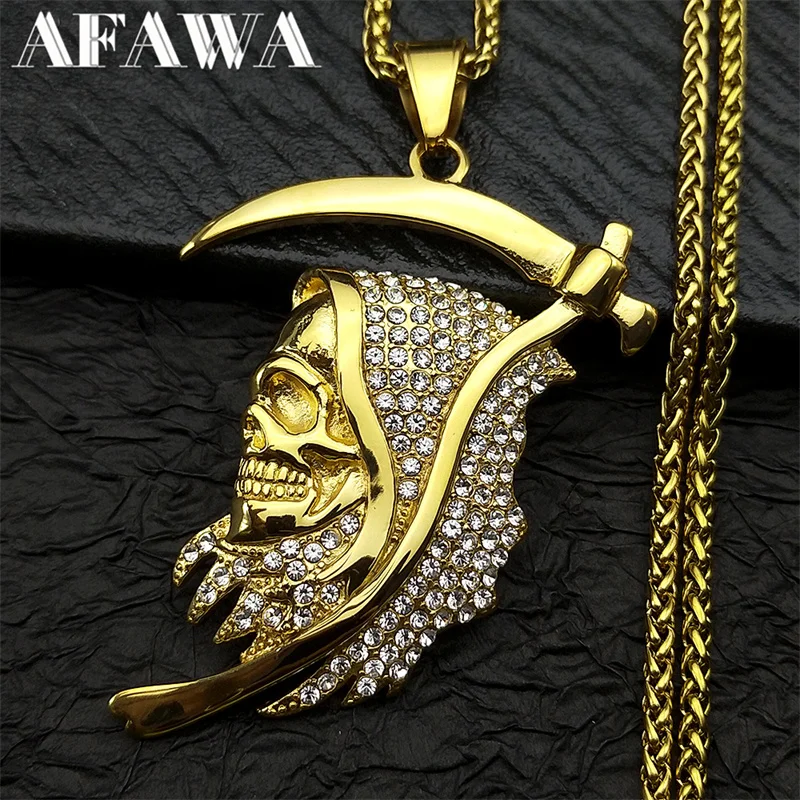 Stainless Steel Rhinestones Saint Death Santa Muerte Grim Reaper Pendant Necklace for Women Men Gold Plated Sickle Skull Jewelry