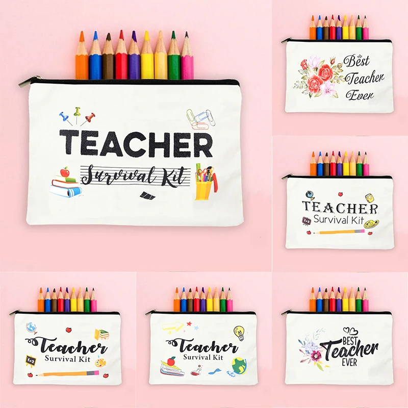 Teacher Survival Kit Pattern Makeup Bag Best Teacher Ever Floral Women Cosmetic Case Gift for Teacher Back To School Pencil Case