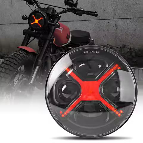 5.75 Inch Smoky X-Style Red LED Motorcycle Headlight Compatible with Harley 883/1200/X48 &amp; Indian Scout - Plug and Play